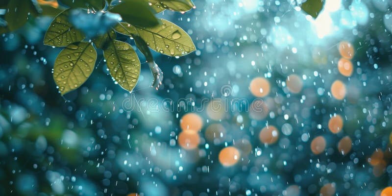 Tree Branch With Green Leaves in the Rain. Generative AI vector illustration