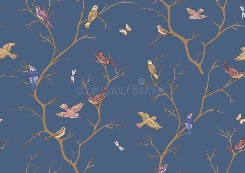 Tree branches against the sky with sparrow, finches, butterflies, dragonflies.