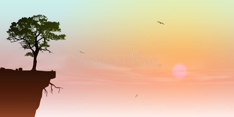 A Tree on a Cliff with Sunrise, Sunset