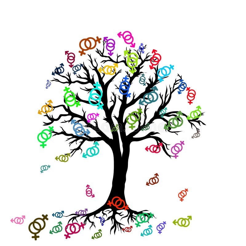 Tree with colorful symbols of lesbian couple vector illustration