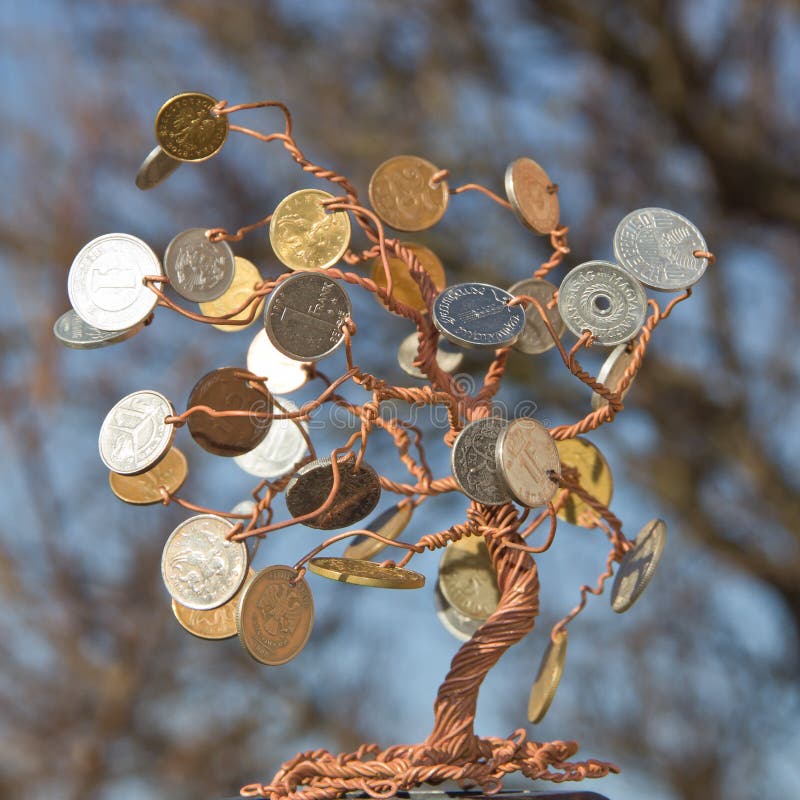 A Tree of Copper Wire with Coins. Stock Photo Image of charm, coins