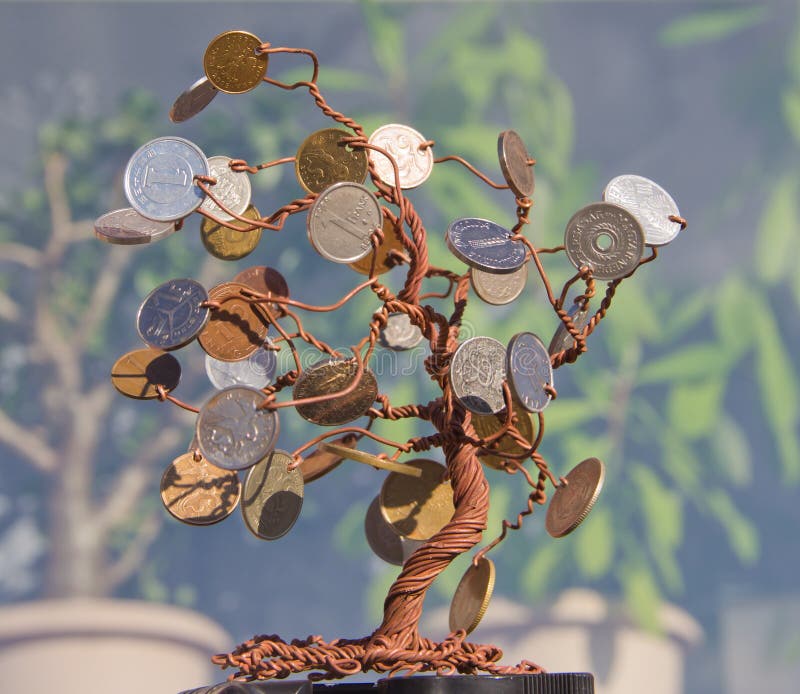 A Tree of Copper Wire with Coins. Stock Photo Image of charm, coins