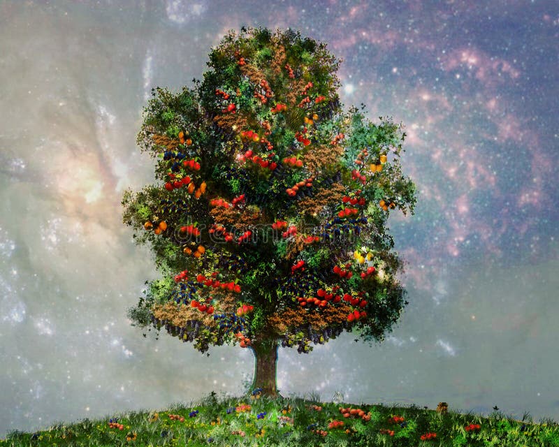 A tree with different fruits, Bananas, oranges, apples , on the background of the universe on a dark background. A tree with different fruits, Bananas, oranges, apples , on the background of the universe on a dark background.