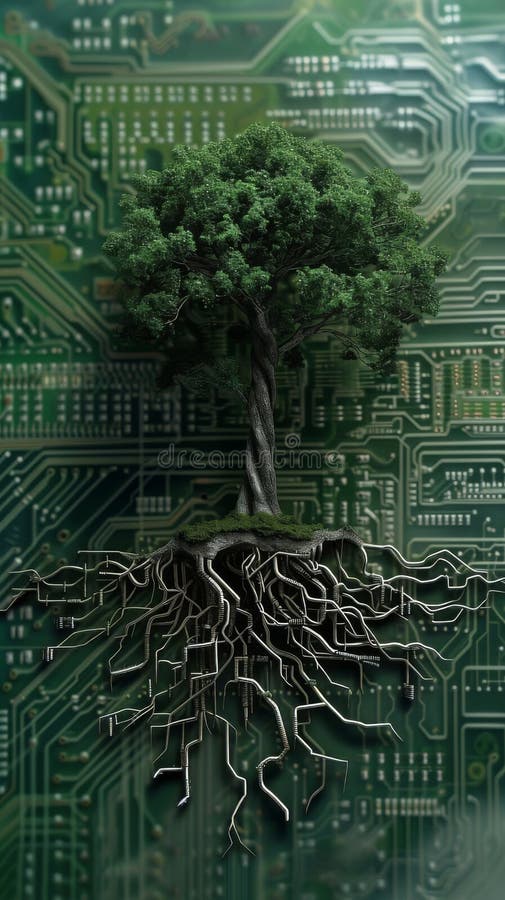 Tree with digital roots on a circuit board stock photo