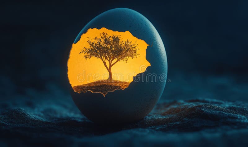 Tree emerging from cracked egg, symbolizing new beginnings and growth, illuminated by warm light, set against dark background. AI generated