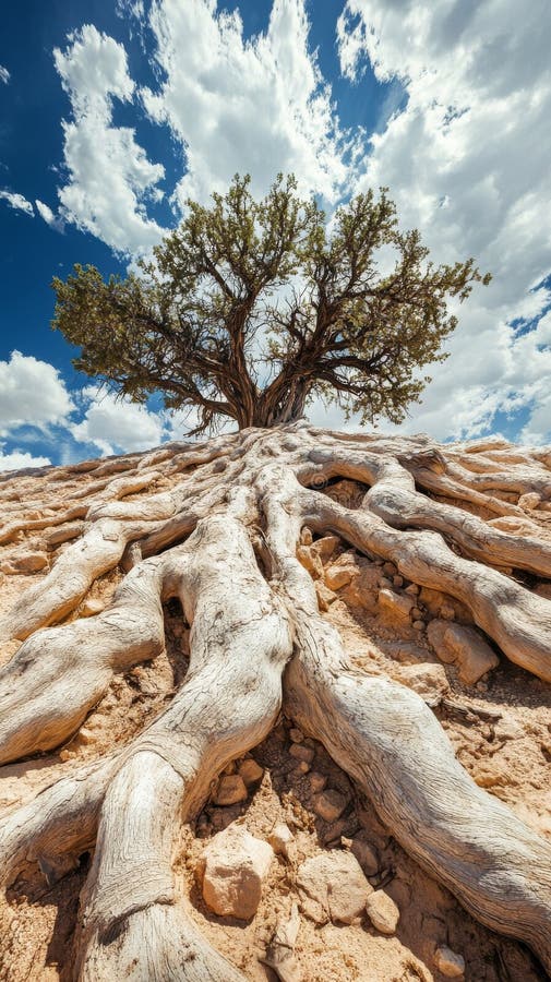 Tree with exposed roots against cloudy sky, nature power and resilience concept royalty free stock images