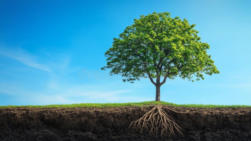 Tree with exposed roots on cross-section of soil and clear blue sky background. Nature and environmental conservation stock images