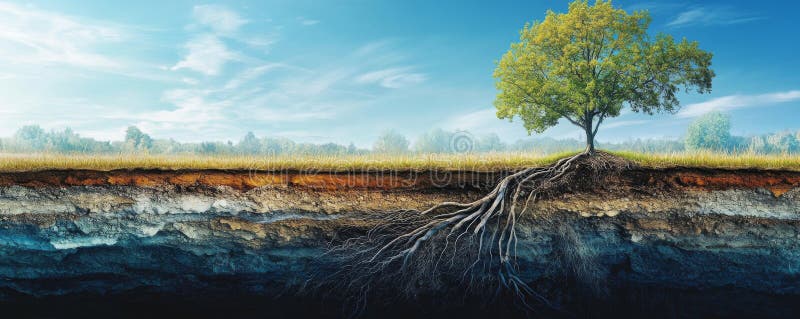 Tree with exposed roots and underground view, nature&#x27;s resilience concept stock photos