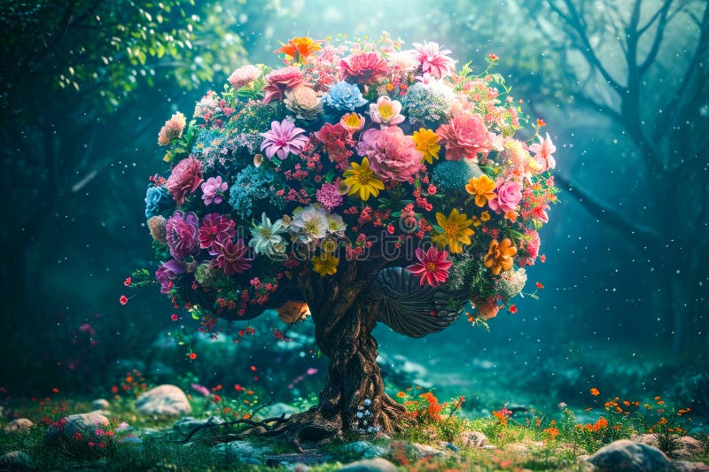 Tree filled with colorful flowers is depicted in computer-generated or CGI rendering. Generative AI stock image