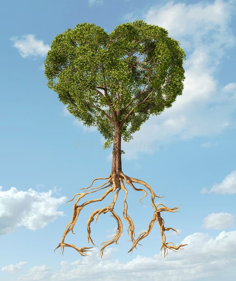 Tree with foliage with the shape of a heart and roots as text Lo royalty free stock photography