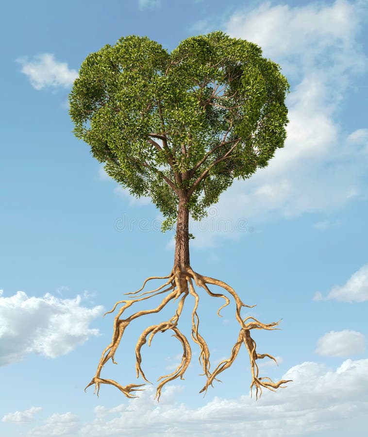 Tree with foliage with the shape of a heart and roots as text Lo