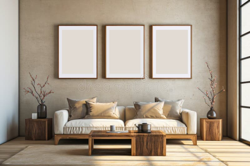 three frame art mockup living room brick wall art display