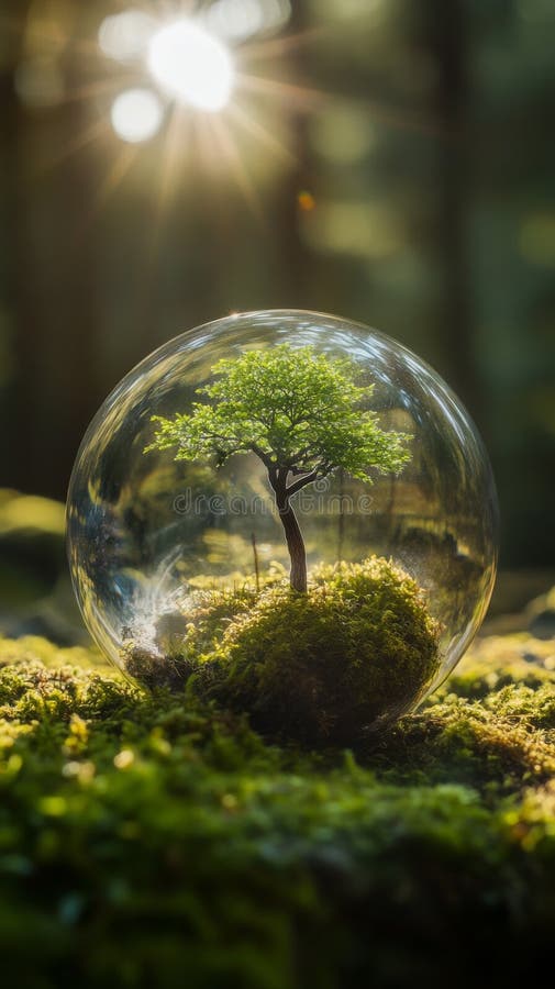 Tree in a glass globe with radiant light stock photography