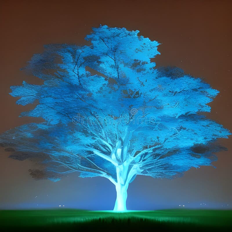 Tree Glowing in a Blue Light in a Forest at Night. Artwork Created Using Generative AI Stock