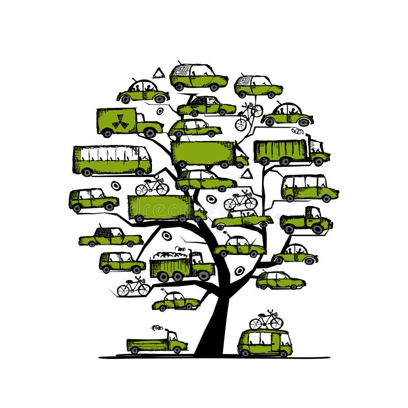 Tree with Green Cars, Transportation Concept for Stock Vector