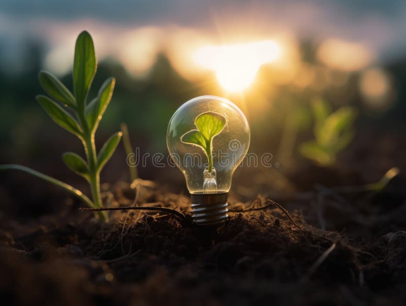 Tree Growing on Light Bulb with Sunshine in Nature. Saving Energy and