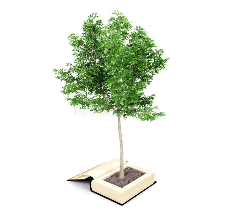 Tree growing from the old book. Reading develops imagination. Knowledge growth from education concept, 3D rendering