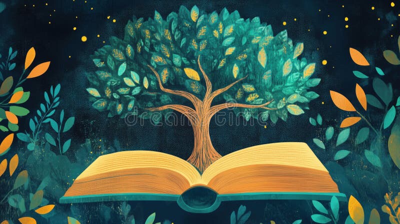 Tree growing from open book, symbolizing knowledge and growth, vibrant colors stock photo