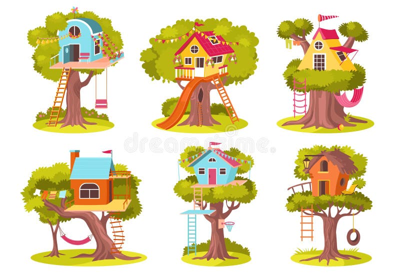 Tree house. Cute kids wooden buildings. Children adventure. Cozy lairs with ladders and swings. Fairytale little homes