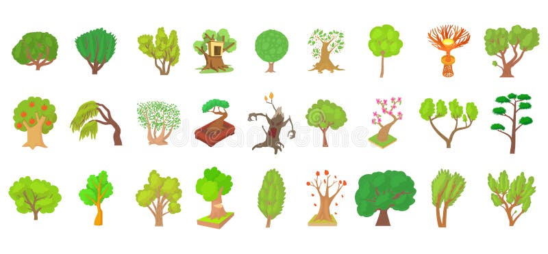 Tree icon set, cartoon style