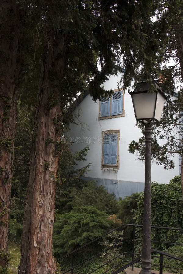 Tree and lantern near a house. royalty free stock photo