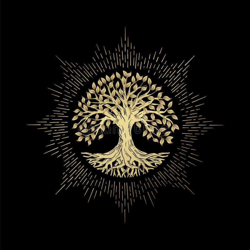 Tree of Life or Luxury Gold Tree and roots vector with round shape vector illustration