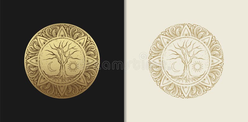Tree of life with moon and sun with engraving, luxury theme for tarot reader