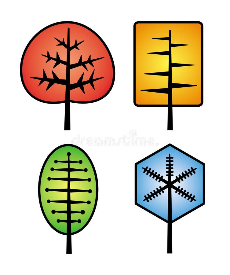 The tree of life. 4 symbolic trees of different shapes and colors. Vector drawing. Vector graphics. 4 seasons of year.