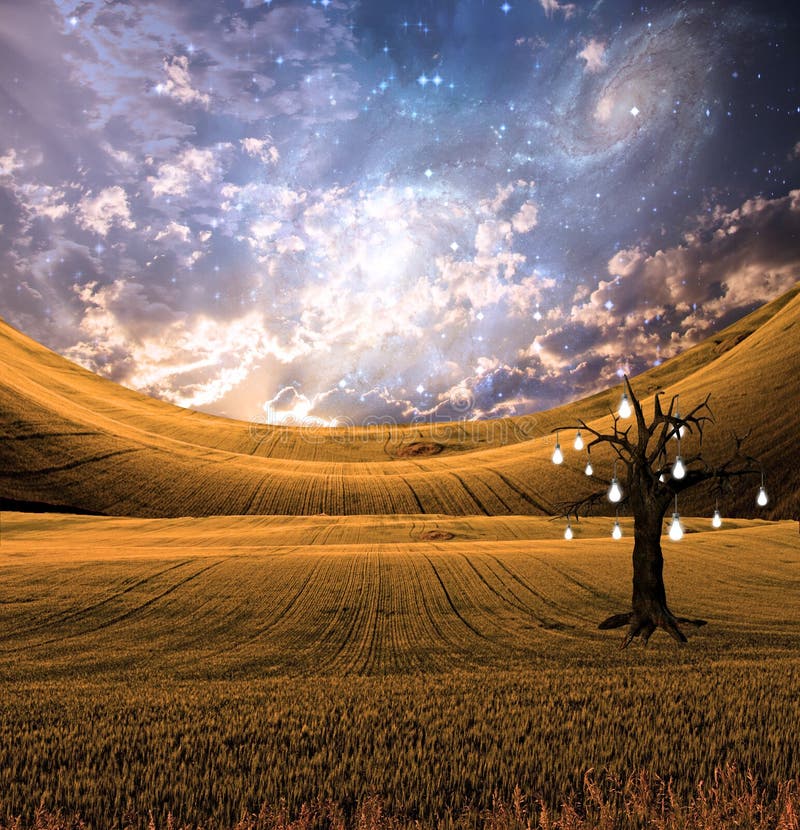 Landscape with bulb fruit tree. Grass night sky background illustrations