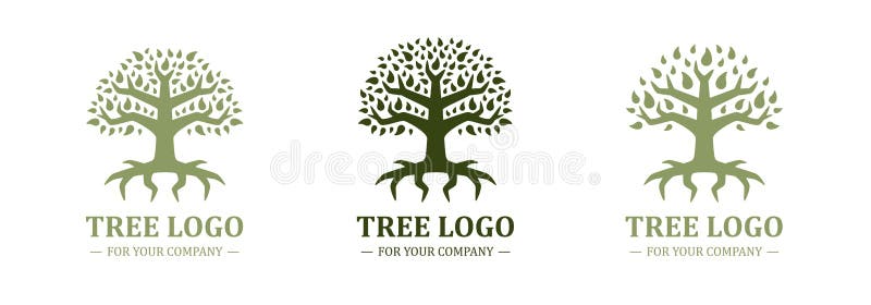 Tree logo isolated on a white background. Classic design. Green color. Lettering. Space for text. Leaves and roots. Simple modern royalty free illustration Tree logo isolated on a white background. Classic design. Green color. Lettering. Space for text. Leaves and roots. Simple modern royalty free illustration