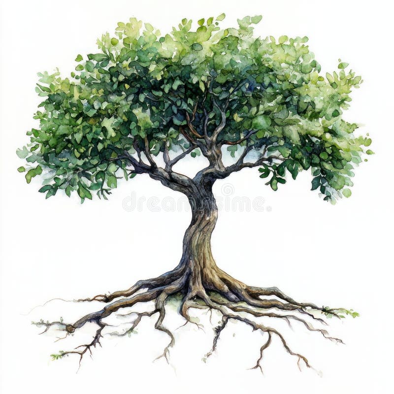 Tree with lush green leaves, detailed roots, white isolated background stock photo