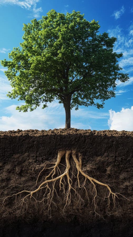 Tree with lush green leaves and exposed roots under blue sky, showcasing nature&#x27;s balance. Environmental awareness royalty free stock photography