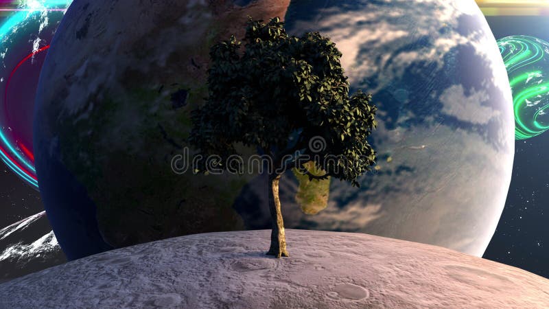 Tree on the moon in front of the Earth planet against the backdrop of celestial bodies and stars. Computer generated royalty free illustration