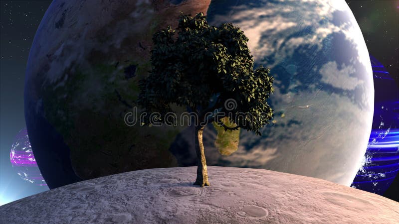Tree on the moon in front of the Earth planet against the backdrop of celestial bodies and stars. Computer generated vector illustration