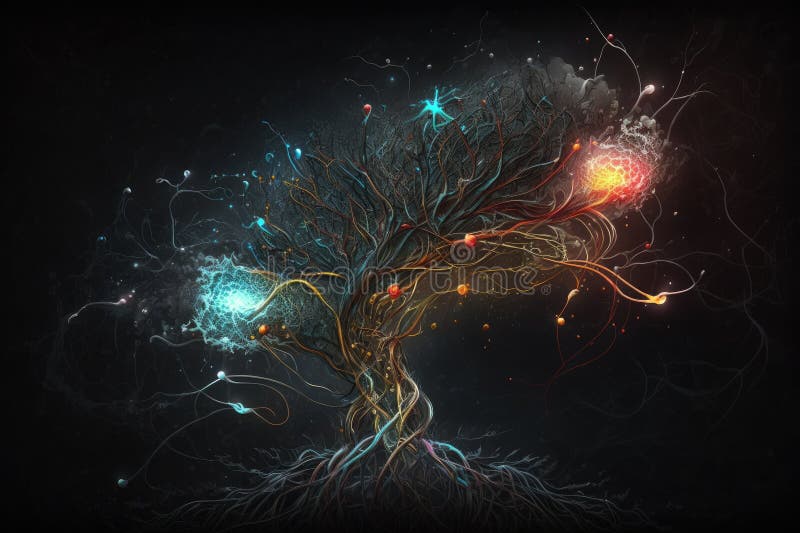 A tree of nervous system and veins with bright light at the ends on a black background, Generative AI