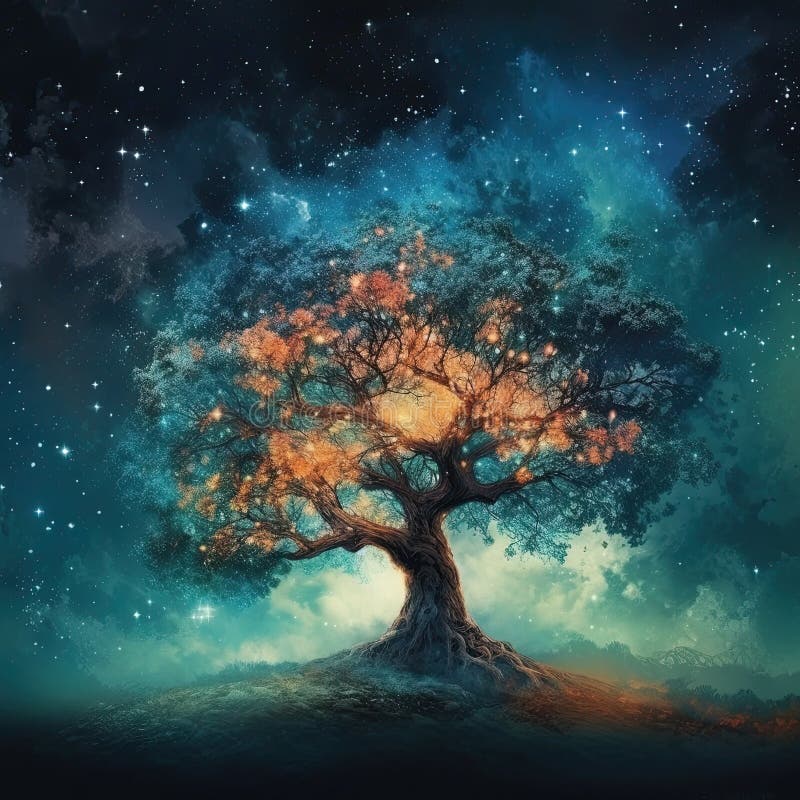 Tree in the Night Sky with Moon Autumn Leaves Created with Generative
