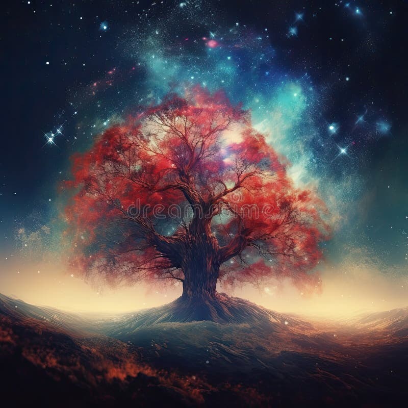 Tree in the Night Sky with Moon Autumn Red Leaves Created with