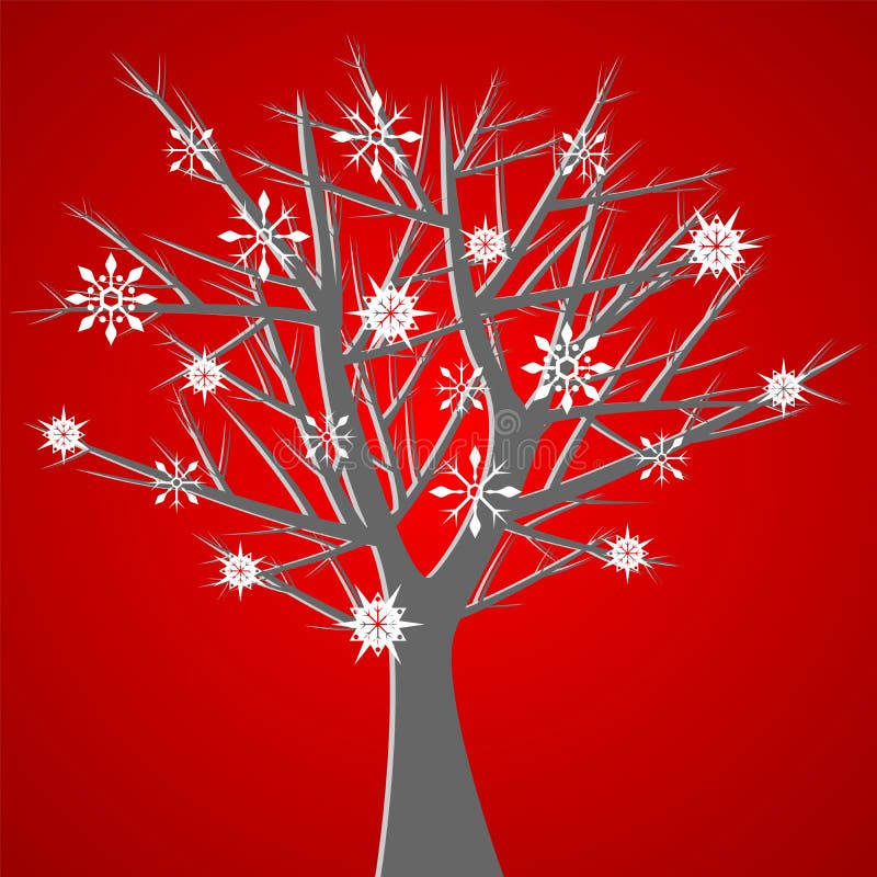 Tree over red with snow crysta