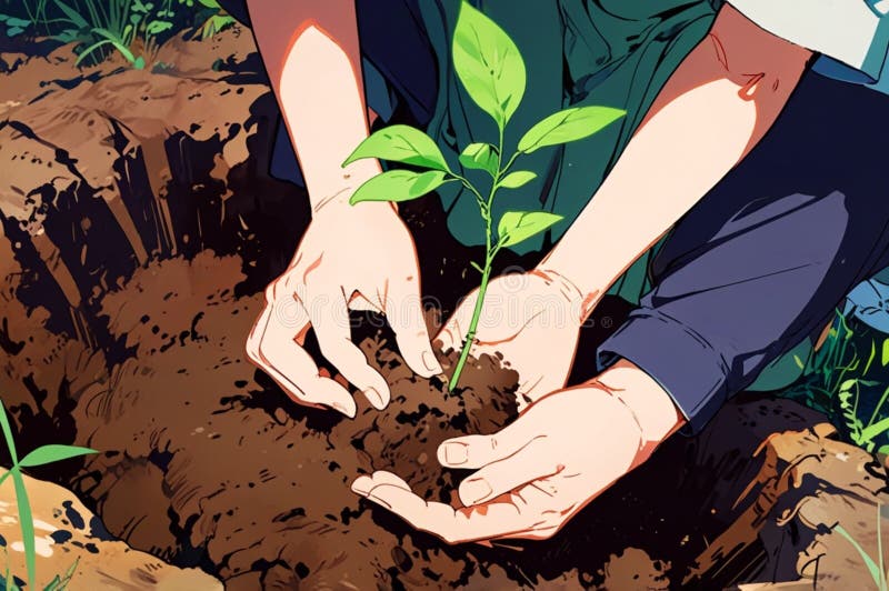 Tree planting and growing for a sustainable and greenish environment stock illustration