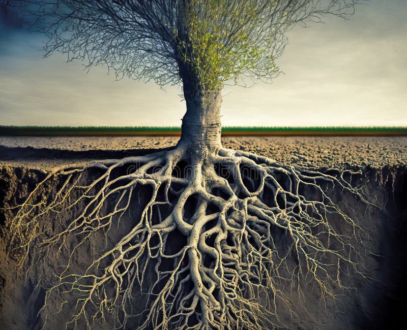 Tree Roots Underground Structure, Soil Cross Section. Generative AI