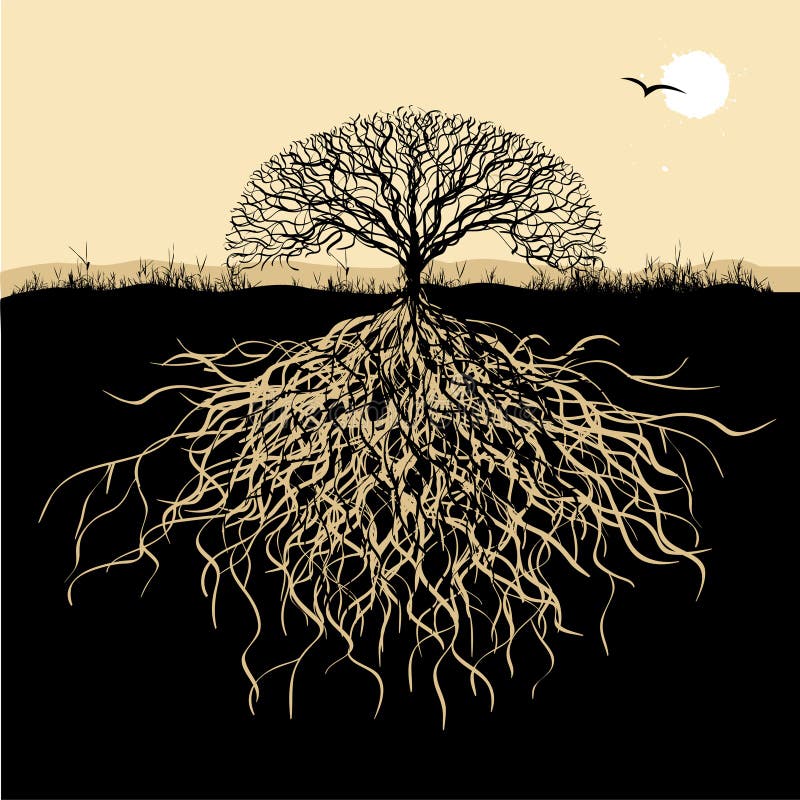 Albero silhouette con radici, illustrazione di vettore.