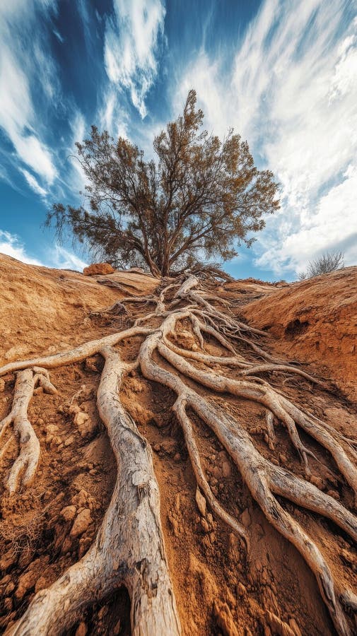 Tree with sprawling roots on rocky slope under dramatic sky, nature resilience concept royalty free stock image