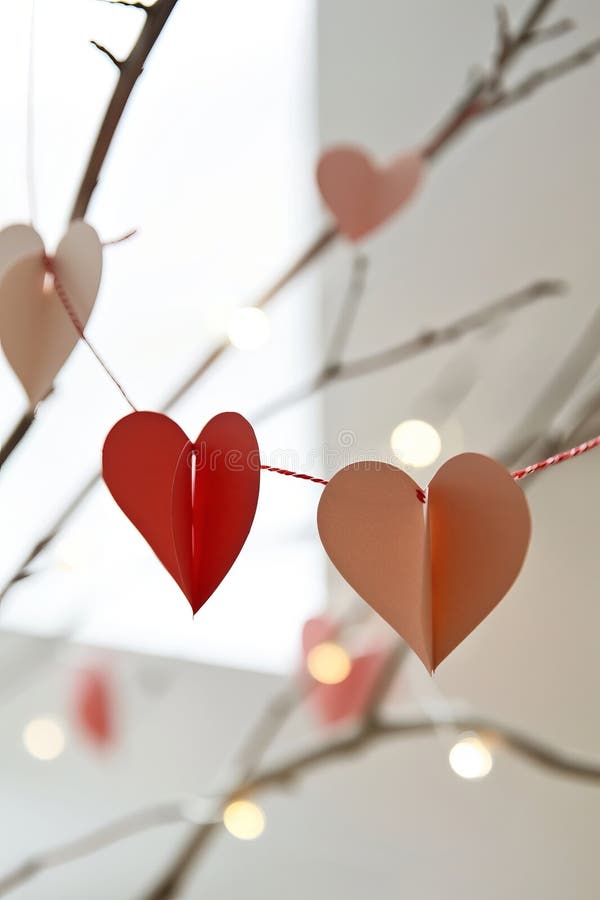 A tree with a string of hearts hanging from it. The hearts are red and pink. The tree is in front of a window. Generative AI