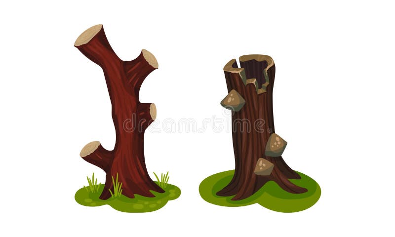 Tree Stump as Small Part of Trunk with Roots in the Ground Vector Set royalty free illustration
