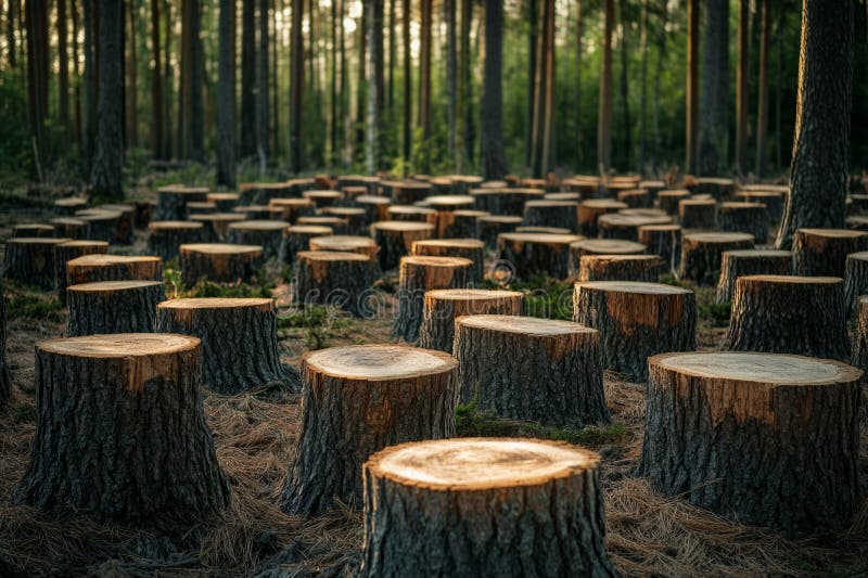 Tree stump in forest after logging, moody atmosphere. Neural network AI generated. Tree stump in foreground surrounded by felled trees, misty forest creates somber mood. Soft lighting enhances texture contrast, emphasizing deforestation impact.