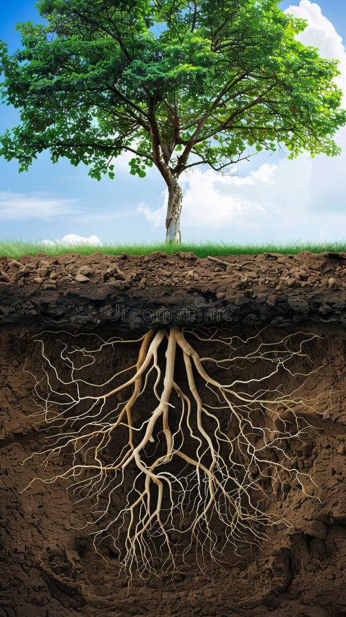 Tree with visible roots above and below ground royalty free stock photography
