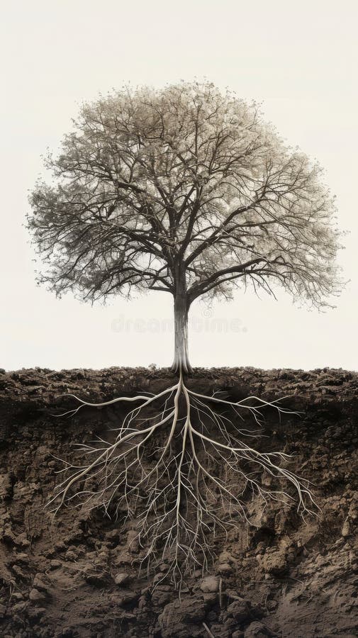 Tree with visible roots above and below the ground stock photography
