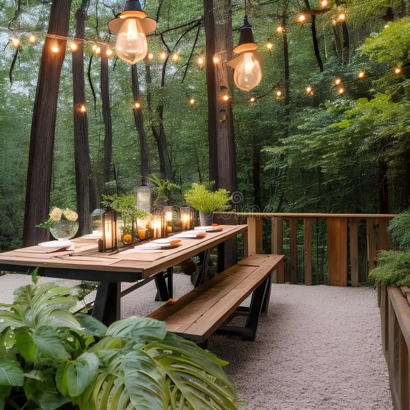 A Treehouse-inspired Outdoor Dining Area with a Rustic Wooden Table, String  Lights, and Hanging Lanterns1, Generative AI Stock Illustration -  Illustration of area, ocean: 284766736