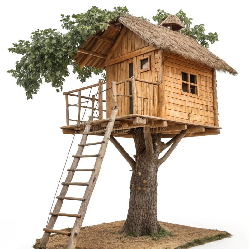 Treehouse mit einer Leiter isoliert auf weißem Hintergrund. Ein Bauernhaus mit einer Leiter, isoliert auf weißem Hintergrund, ideal für Natur-Kindheit oder architektonisch gestaltete Visuals