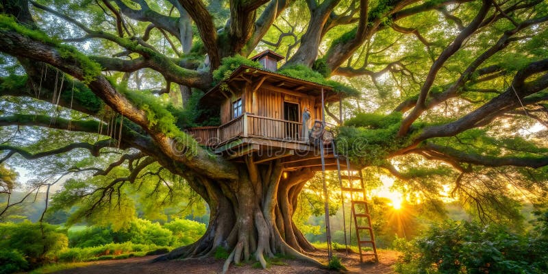 Treehouse nestled in branches of ancient tree royalty free illustration